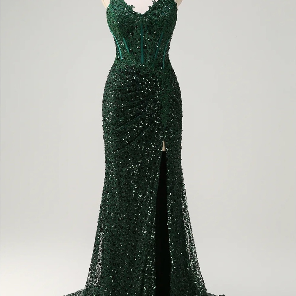 Elegant Emerald Sequin Maxi Dress with Corset Bodice